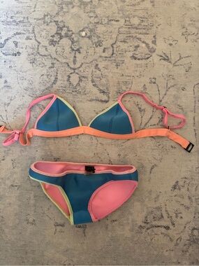 triangl swimwear Blue with Pink and Peach Trim Bikini